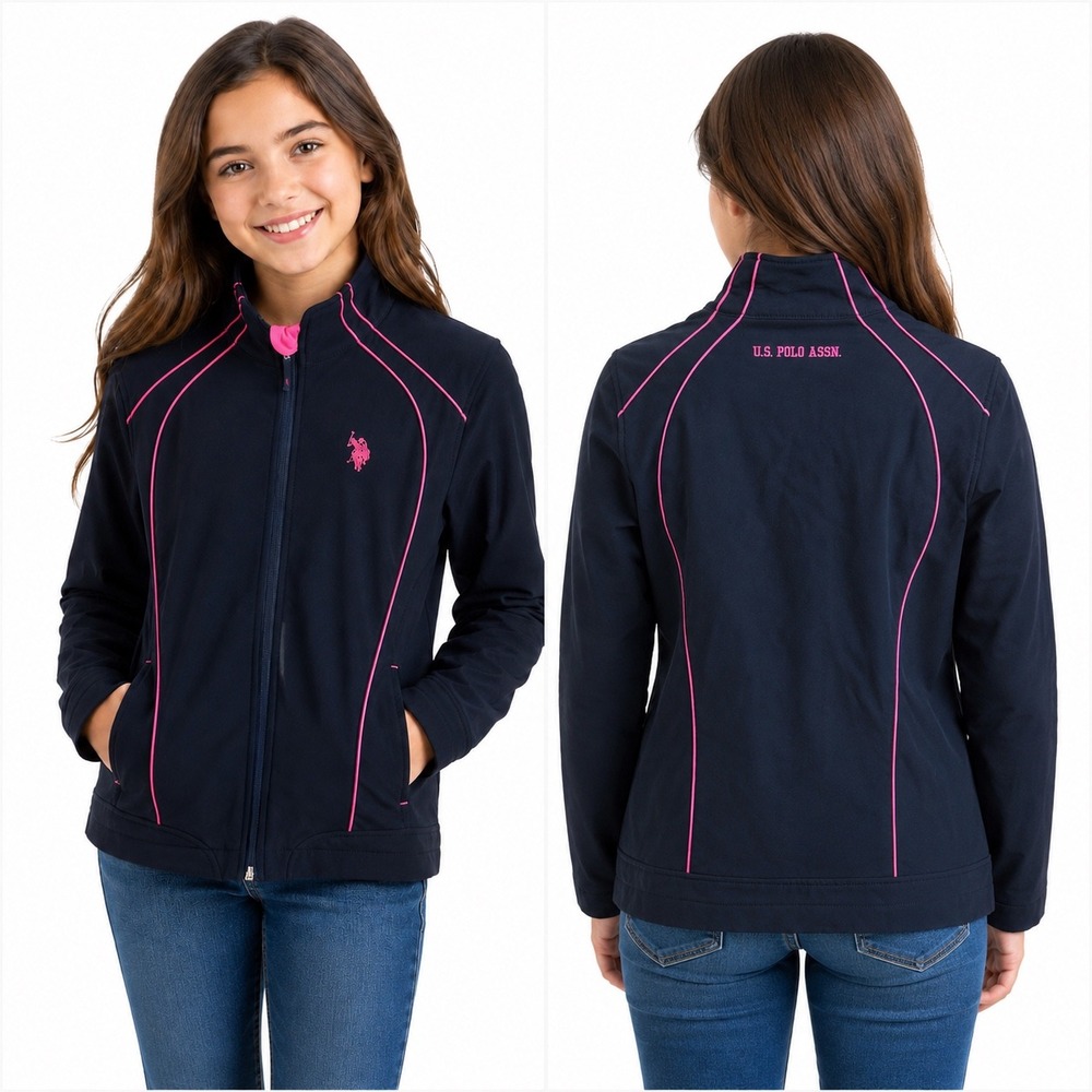 U.S. Polo Assn. Girls Black Pink Softshell Lined W/Fleece Full Zip Jacket